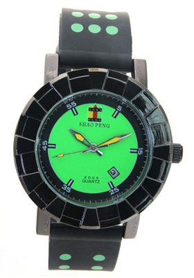 uShao Peng SHAO PENG Date Black Rubber Strap Green Polka Dot Waterproof Analog Quartz es 