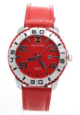 uShao Peng SHAO PENG Red Genuine Leather Strap Stainless Steel Date Buckle Analogue Quartz es 