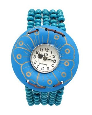 Blue and Turquoise Wood Resort Stretch Wrist Size 6" to 8"