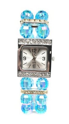 High Fashion Faceted Blue Iridescent Fire Polished Crystal Glass and CZ Silver Stretch