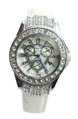 High Fashion Glamorous White Leather Rhinestone and Mother of Pearl Cocktail 7" to 8 1/4"