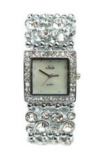 uShoushockie High Fashion Glamorous Wide Silver White Gold Overlay Cubic Zirconia and Mother of Pearl Cocktail 7" 