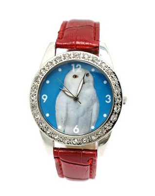 White Owl Red Leather cz Wrist 7" to 9"