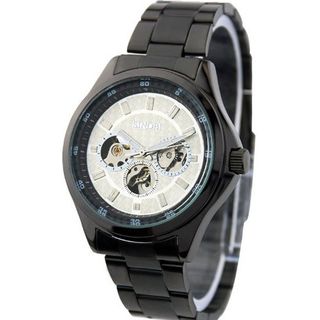 Classic Fashion Stainless Steel Round Male Elegant Personality Pointer display Mechanical movement Cool Black Strap White Surface WS3444B