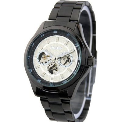 Classic Fashion Stainless Steel Round Male Elegant Personality Pointer display Mechanical movement Cool Black Strap White Surface WS3444B