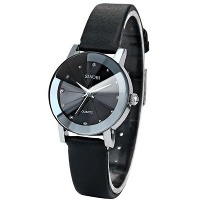 SINOBI Crystal  Lady Black Quartz Leather Wrist Quartz Cool SNB023
