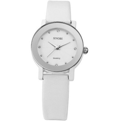 SINOBI Crystal Small Case Girl Lady  Quartz White Leather Band Wrist SNB037