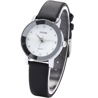 SINOBI Crystal Small Case White Dial Lady Analog Black Leather Quartz SNB024