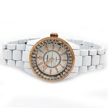 SINOBI Quartz White Paint Band Bling Crystal White Dial Rose Golden Case Fashion Wrist #9390