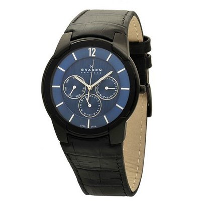 Skagen 856XLBLN Steel Croco-Embossed Black Leather Strap, Blue Dial