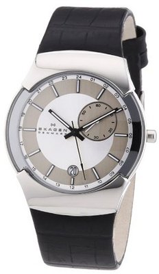 Skagen 983XLSLBC Black Label Stainless Steel, Black Leather Band, Gmt Dual-Times Zone