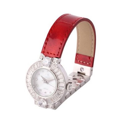 Smays Genuine Red Leather Band Czech Rhinestone Fashion es for  A1168 -Silver