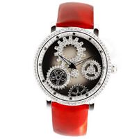 Smays Lucky Rotate Gear Red Leather Band Crystal Ladies A1240 -Silver
