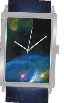 "Bubble Nebula NGC 7635" Is the Hubble Image on the Dial of the Polished Chrome Rectangle with a Navy Blue Leather Strap
