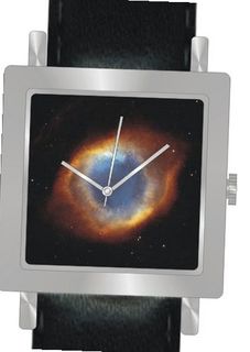 "Eye of God" Is the Hubble Image on the Dial of the Polished Chrome Square Shape with a Black Leather Strap