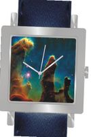 "Gaseous Pillars in M16 Eagle Nebula" Is the Hubble Image on the Dial of the Polished Chrome Square Shape with a Navy Blue Leather Strap