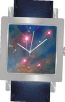 "Orion Trapezium Cluster" Is the Hubble Image on the Dial of the Polished Chrome Square Shape with a Navy Blue Leather Strap