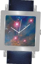 "Orion Trapezium Cluster" Is the Hubble Image on the Dial of the Polished Chrome Square Shape with a Navy Blue Leather Strap