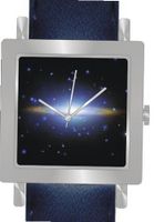 "Sombrero Galaxy" Is the Hubble Image on the Dial of the Polished Chrome Square Shape with a Navy Blue Leather Strap