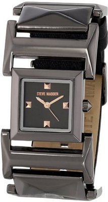 Steve Madden SMW00059-02 Black Faux Leather and Pyramid Link Strap