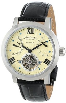 Stuhrling Original 372.331515 Classic Traveler Vicarius Automatic Skeleton Day and Date Black Leather Strap
