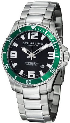 Stuhrling Original 395.33P154 Aquadiver Regatta Champion Professional Diver Swiss Quartz Date Green Bezel