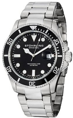 Stuhrling Original 417.02 Aquadiver Regatta Espora Swiss Quartz Professional Diver Black Dial Stainless Steel Bracelet