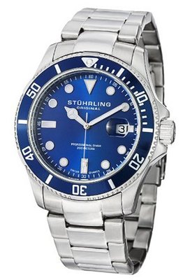 Stuhrling Original 417.03 Aquadiver Regatta Espora Swiss Quartz Professional Diver Blue Dial Stainless Steel Bracelet