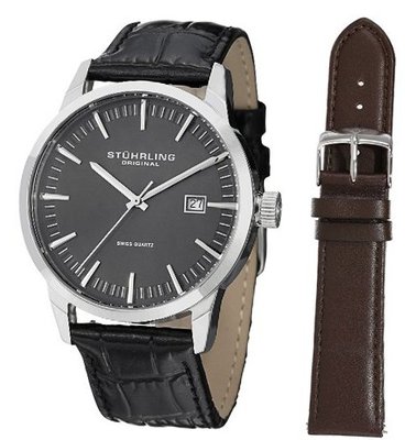 Stuhrling Original 555A.02 Classic Ascot II Swiss Quartz Date Grey Dial Strap Set