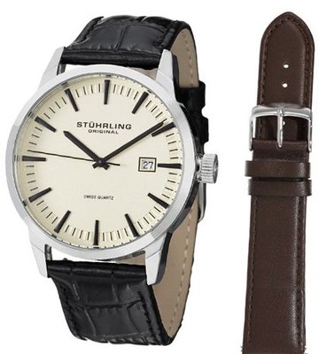 Stuhrling Original 555A.03 Classic Ascot II Swiss Quartz Date Beige Dial Strap Set