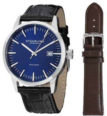 Stuhrling Original 555A.04 Classic Ascot II Swiss Quartz Date Blue Dial Strap Set
