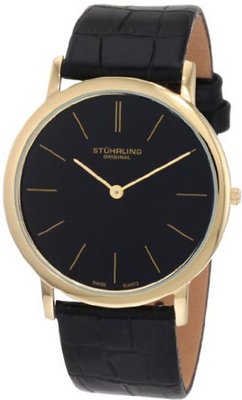Stuhrling Original 601.33351 Classic Ascot Swiss Quartz Ultra Thin Gold Tone Black Leather Strap