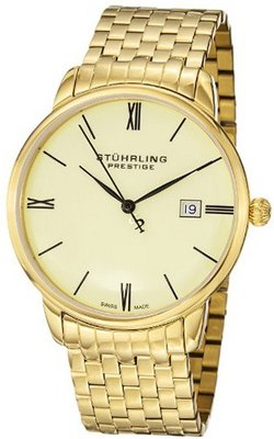 Stuhrling Prestige 307B.33332 Prestige Swiss Made Kingston Grand Quartz Date Ultra Slim Gold Tone Bracelet