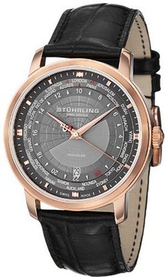 Stuhrling Prestige 383.334569 Prestige Swiss Traveler Quartz World Time Date Rose Tone