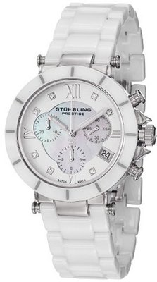 Stuhrling Prestige 512L.131P2 Swiss Athena Mother-Of-Pearl Swarovski Crystal Chronograph Multi-Function White Ceramic