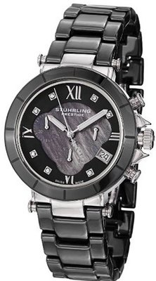 Stuhrling Prestige 512L.13DB1 Swiss Athena Mother-Of-Pearl Swarovski Crystal Chronograph Multi-Function Black Ceramic