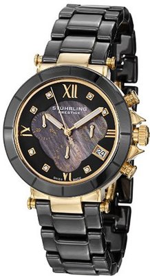 Stuhrling Prestige 512L.13MB1 Swiss Athena Mother-Of-Pearl Swarovski Crystal Chronograph Multi-Function Black Ceramic