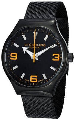 Stuhrling Original 184.335957 Aviator Falcon Eagle Elite Swiss Quartz Black Mesh Bracelet Orange Accent