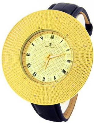 Super Techno by Joe Rodeo Genuine Diamond Oversized Gold Case Black Leather Band w/ 2 Interchangeable Bands #I5421