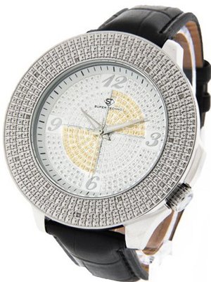 Super Techno by Joe Rodeo Genuine Diamond Oversized Silver Case Leather Band w/ 2 Interchangeable Bands #I5544