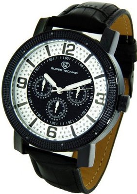 Super Techno Diamond by Joe Rodeo Genuine Diamond Oversized Black Case Leather Band w/ 2 Interchangeable Bands #M-6012