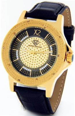 Super Techno Diamond by Joe Rodeo Genuine Diamond Oversized Gold Case Leather Band w/ 2 Interchangeable Bands