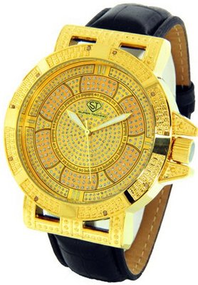 Super Techno Diamond by Joe Rodeo Genuine Diamond Oversized Gold Case Leather Band w/ 2 Interchangeable Bands #M-6151