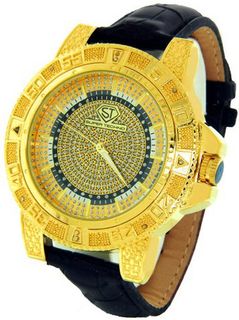 Super Techno Diamond by Joe Rodeo Genuine Diamond Oversized Gold Case Leather Band w/ 2 Interchangeable Bands #M-6139