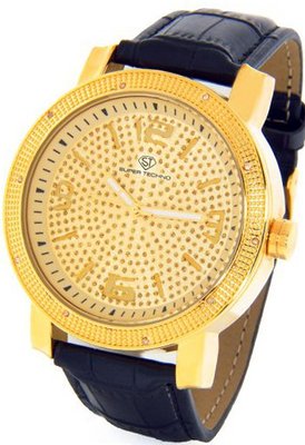 Super Techno Diamond by Joe Rodeo Genuine Diamond Oversized Gold Case Leather Band w/ 2 Interchangeable Bands #I-5478