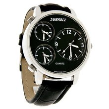uSURFACE Surface Xl Big 3-Time Zones Black Leather Band Quartz 31922 