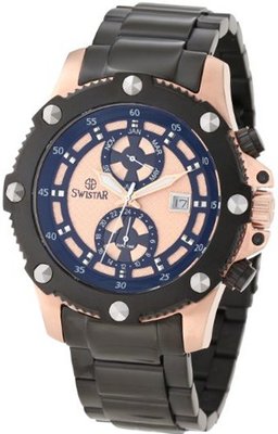 Swistar 3317-6M Swiss Quartz Rose Gold Plated Stainless Steel Dual Time Dress