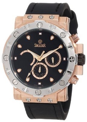 Swistar 3416-1M Bk Swiss Quartz Rose Gold Plated Stainless Steel Dual Time Dress