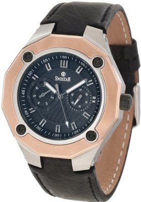 Swistar 414-24M Bk Rose Gold Plated and Leather Quartz Dress