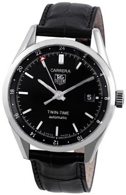 TAG Heuer WV2115.FC6180 Carerra Calibre 7 Twin Time Automatic Black Dial Black Crocodile